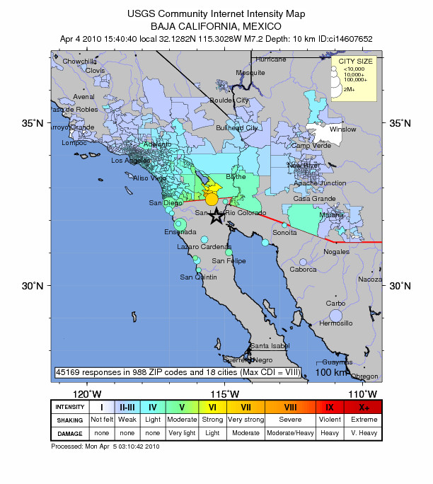 USGS Community Internet Intensity Map, Baja California, Mexico. 2010