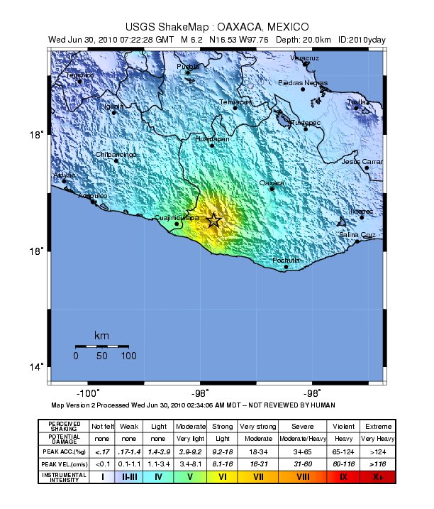 Imagen de la intensidad del sismo iniciado en el estado de OAXACA, México. USGS 2010.