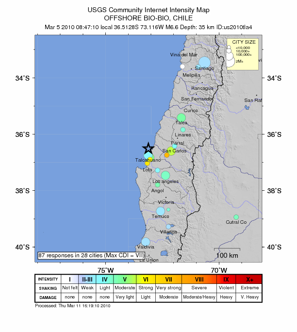 Mapa donde se muestra los distintos puntos del sismo que azotó el día de hoy a Chile, 11 Marzo 2010. USGS (U.S. Geological Survey).