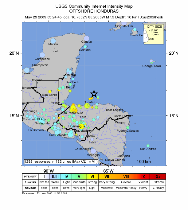 Map of Honduras earthquake on 5/28/09